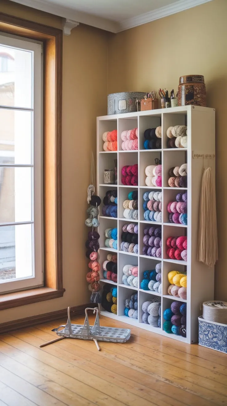 A hacked IKEA shelf transforms a bright craft room into a yarn lover's dream with custom compartments overflowing with colorful yarn and essential tools