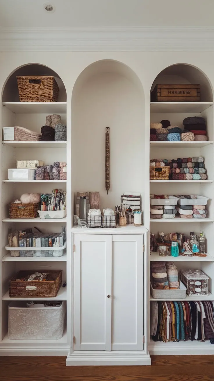 A dedicated yarn cabinet and multi-level built-in shelves maximize craft supply storage in a bright, organized craft room.