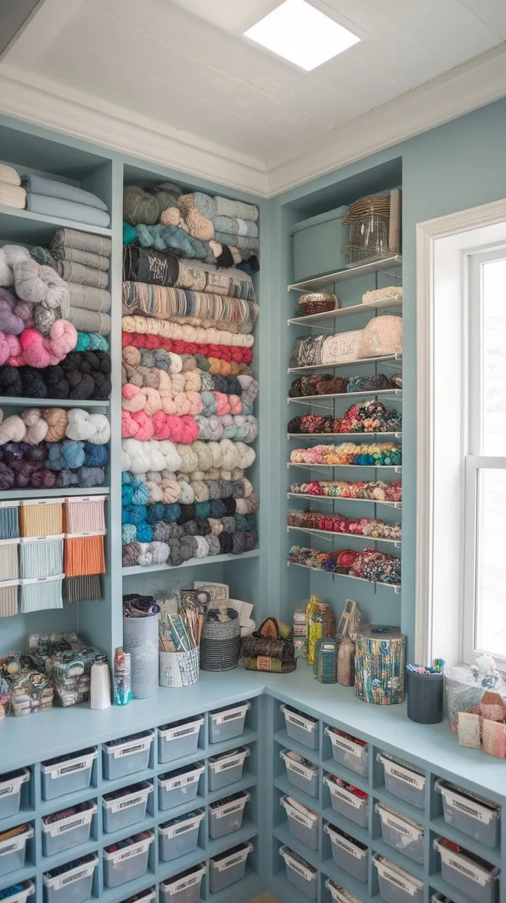 Sunlight streams into a dreamy craft room where Ikea-hacked shelves display vibrant yarn and colorful craft supplies, perfectly organized by color.
