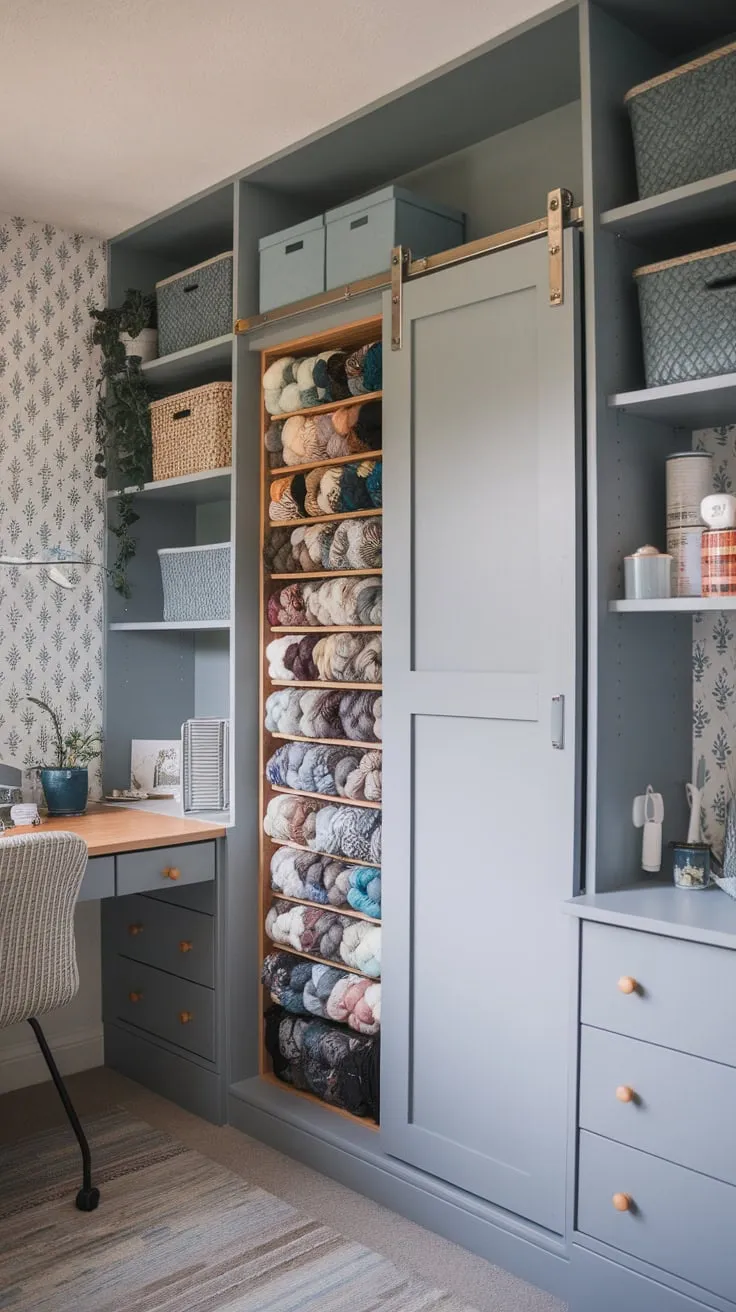 A stylish craft room boasts a custom yarn cabinet built from IKEA KALLAX shelves and a LACK side table, complete with sliding barn door and ample storage.