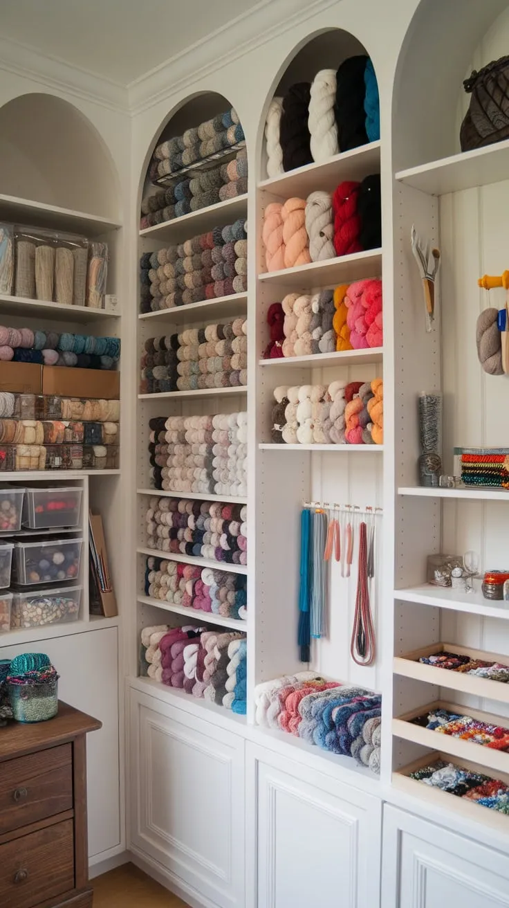 A dreamy craft room boasts built-in shelves overflowing with color-coordinated yarn and meticulously organized craft supplies