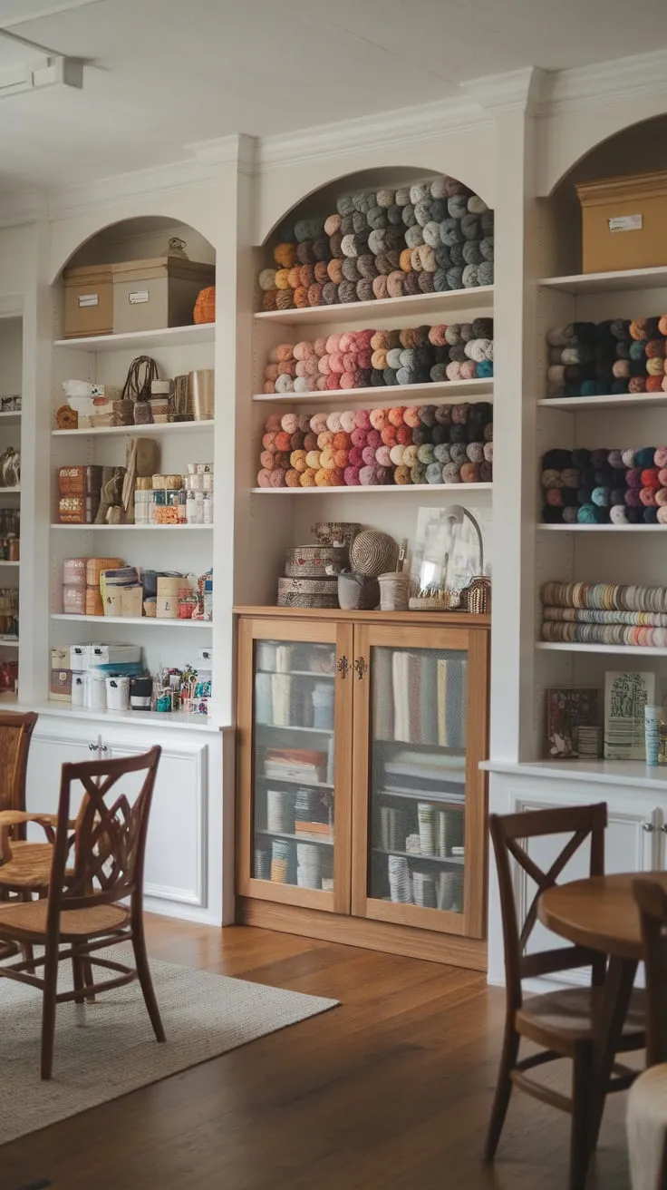 Built-in shelves and a charming yarn cabinet organize crafting supplies in a warm and inviting craft room.
