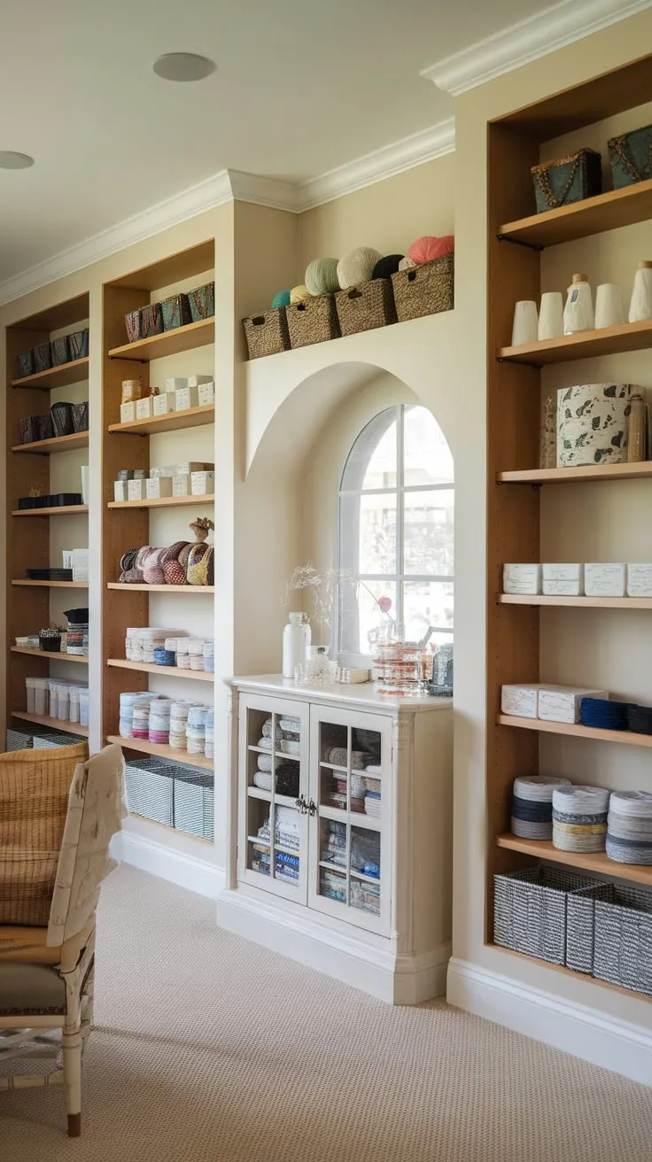 A dreamy craft room boasts built-in wooden shelves overflowing with yarn, fabric, and paper, complemented by a stylish white yarn cabinet and cozy seating