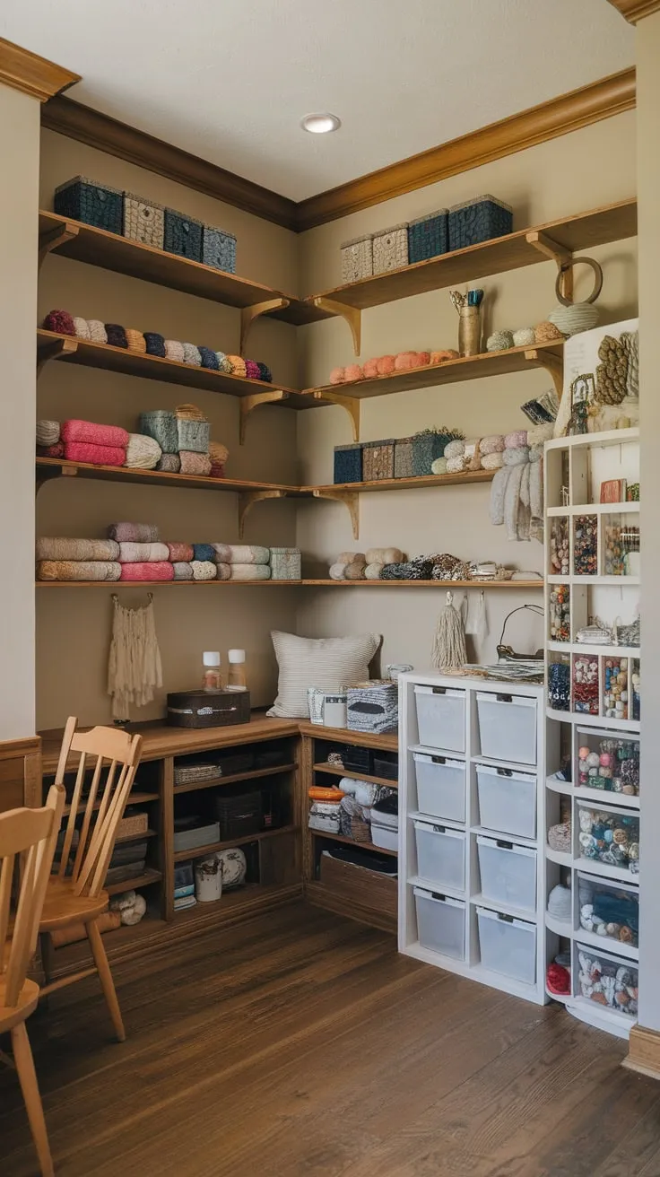 A corner craft room boasts rustic wooden shelves and a sleek white IKEA cabinet, neatly storing yarn, tools, and supplies.