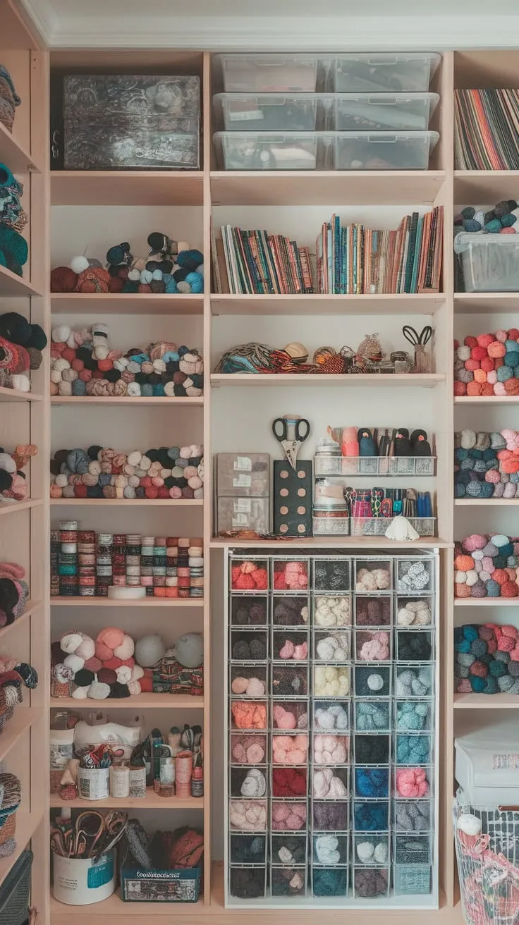 Organized built-in shelves and a dedicated yarn cabinet create a dream craft space brimming with colorful supplies and tools.