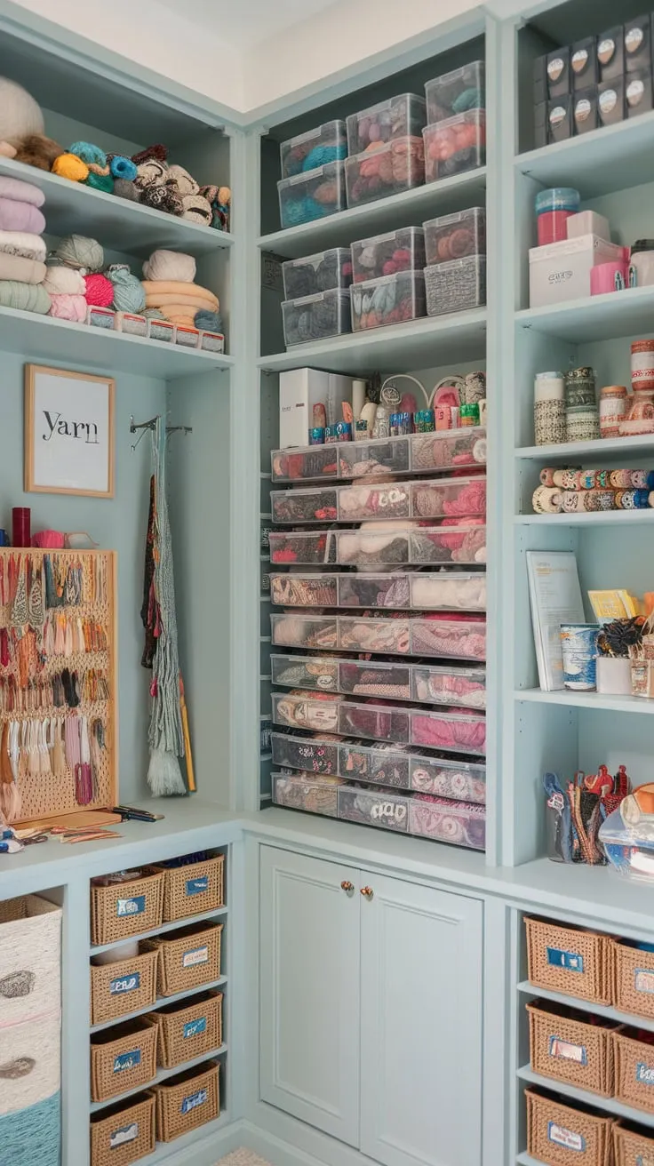 A dreamy craft room boasts built-in blue shelves showcasing color-coordinated yarn, crochet hooks, and other crafting tools cleverly stored using IKEA hacks.