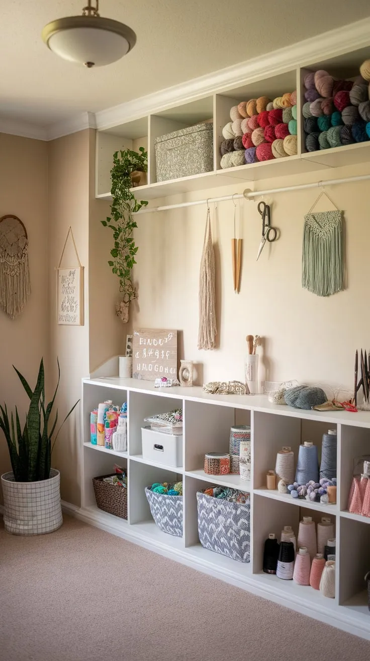 Organized craft supplies shine in a bright, functional IKEA-based craft room.