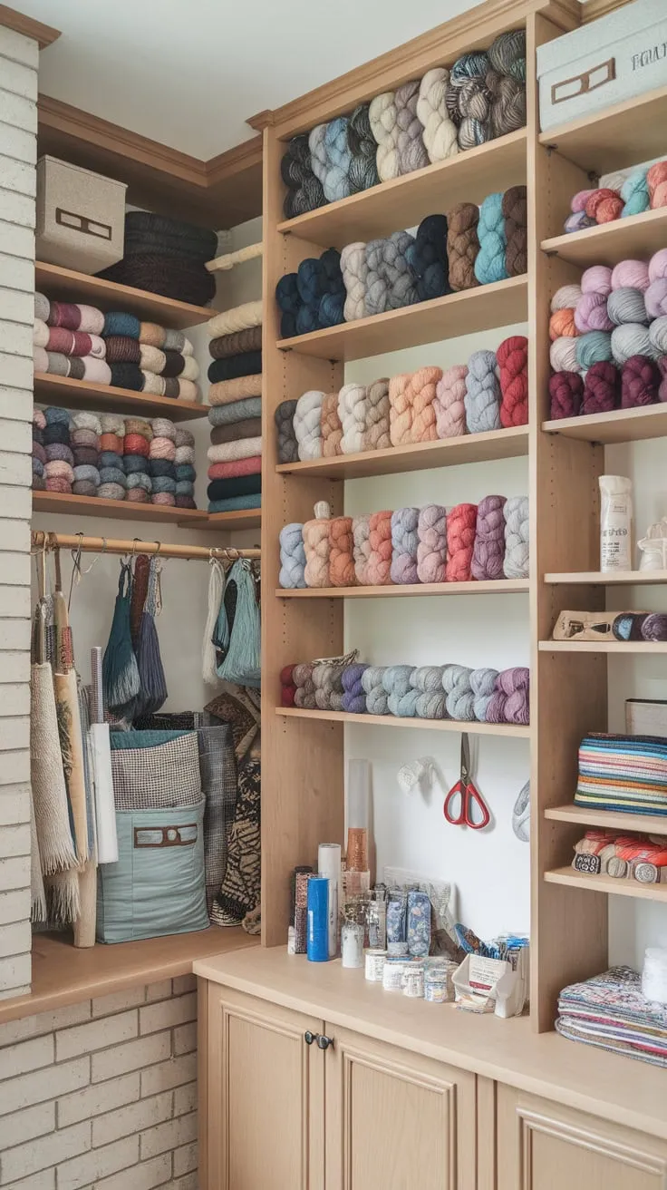 Organized built-in shelves and cabinets transform a craft room into a vibrant yarn and supply haven.