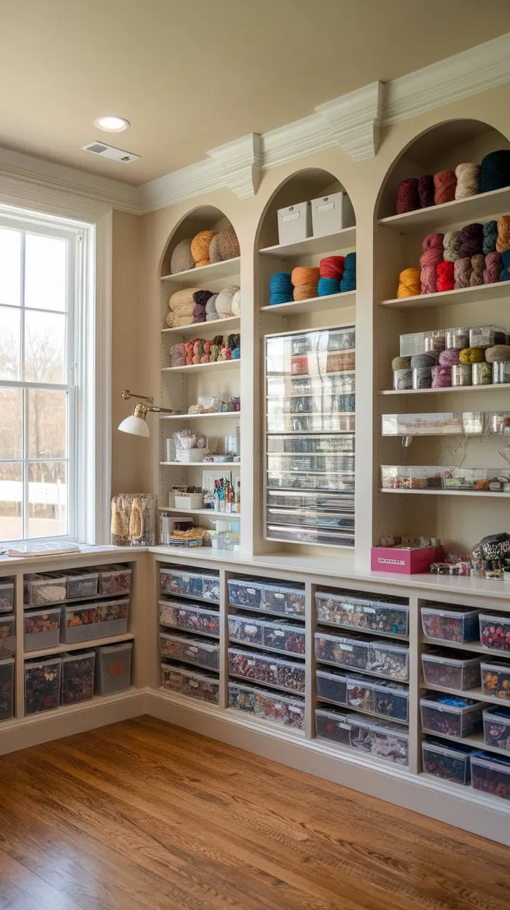 A sunlit craft room boasts built-in shelves overflowing with colorful yarn, organized beads, buttons, and other crafting essentials