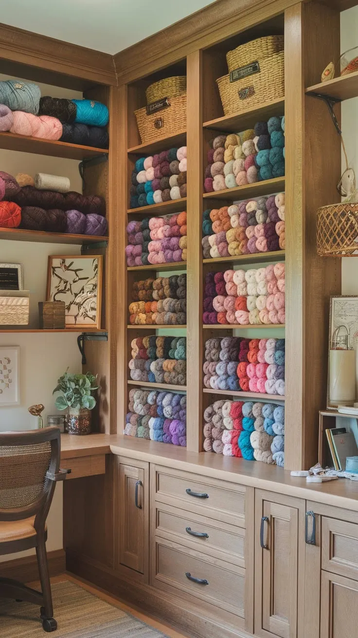 Rustic wood shelves overflowing with colorful yarn create a warm and inviting craft room haven.