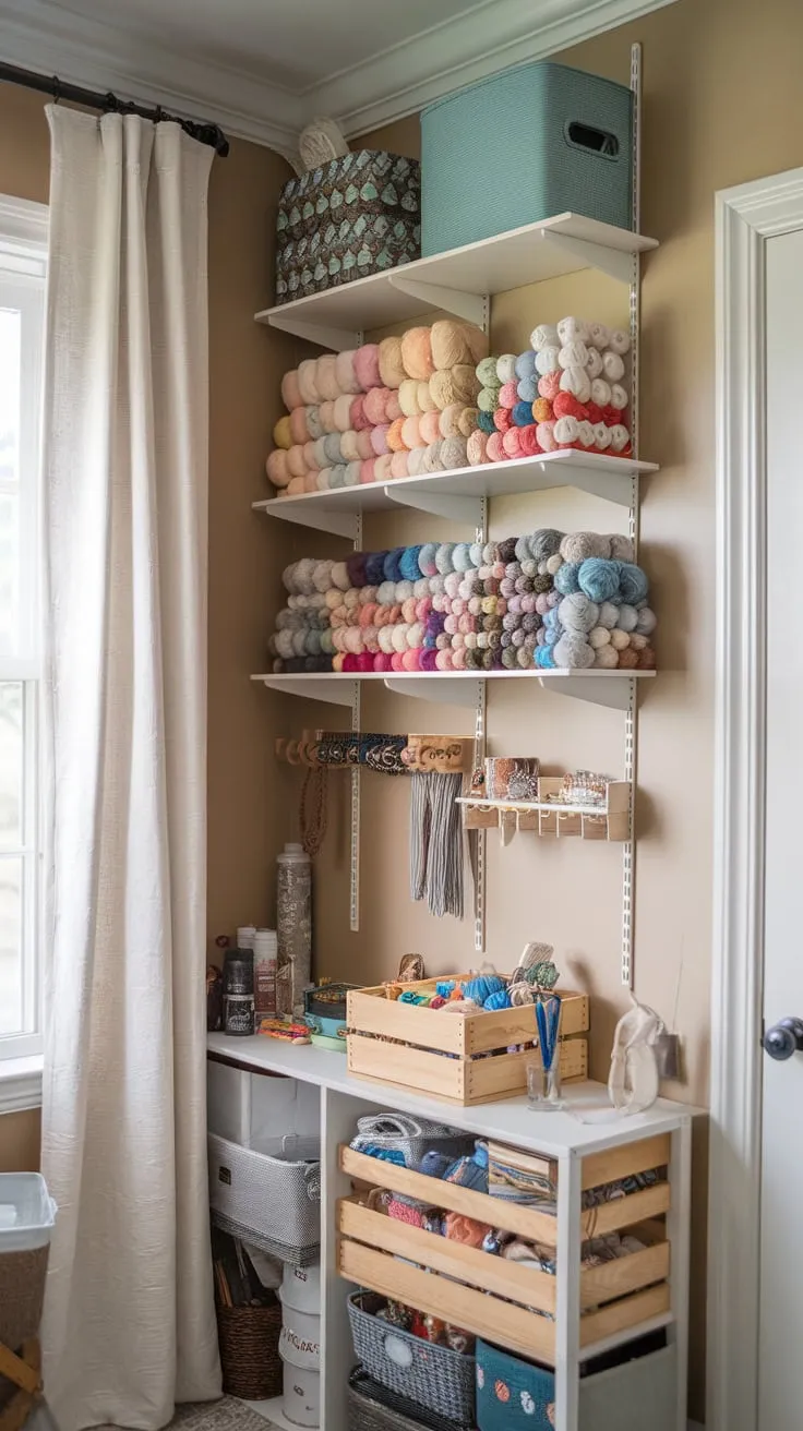 Ikea components transformed into a custom craft room shelving system overflowing with yarn, hooks, and supplies.