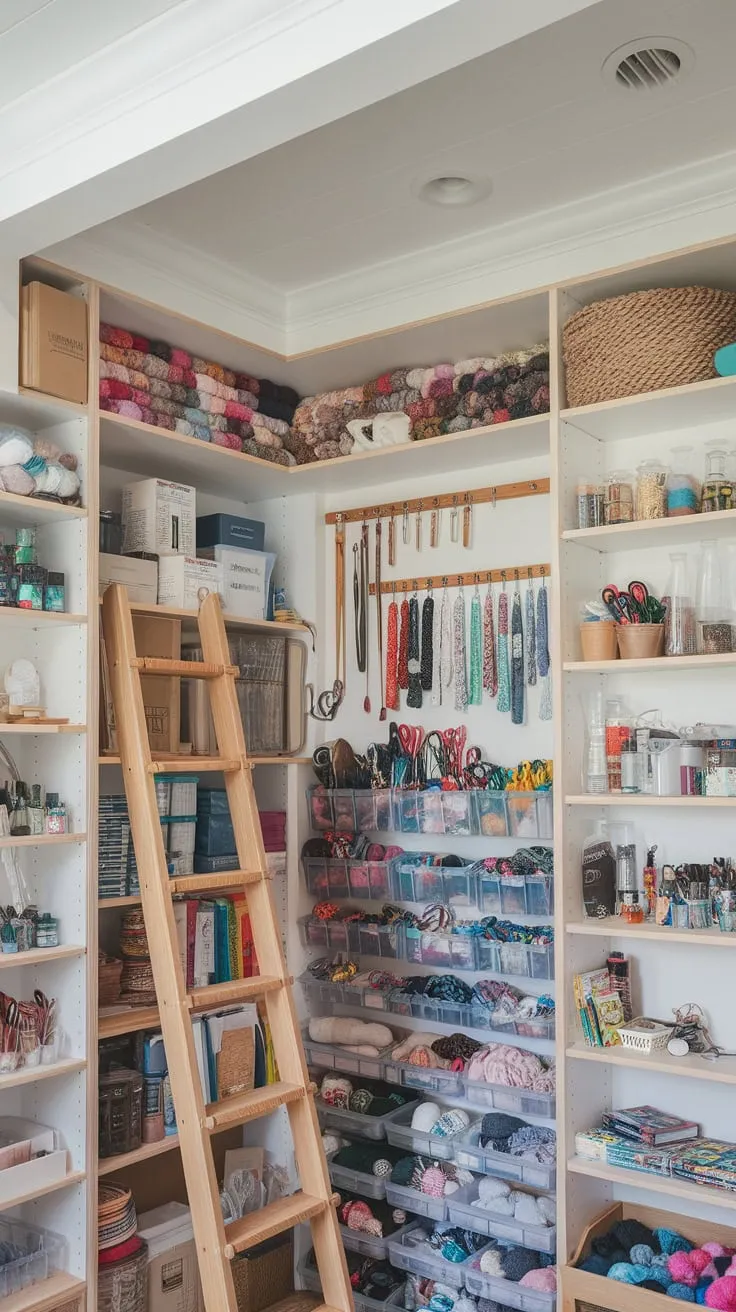 Built-in shelves and a convenient ladder maximize storage and accessibility in this bright craft room, showcasing neatly organized yarn, tools, and crafting supplies.