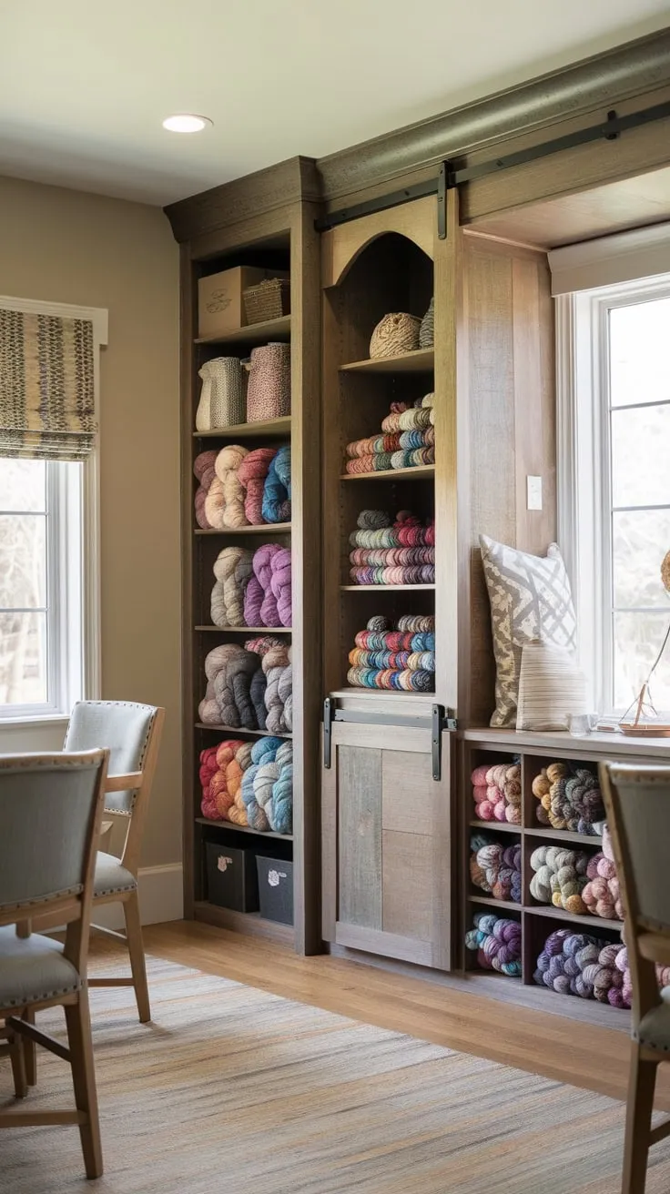 Rustic wood shelves and a sliding-door yarn cabinet create a charming and organized craft room haven