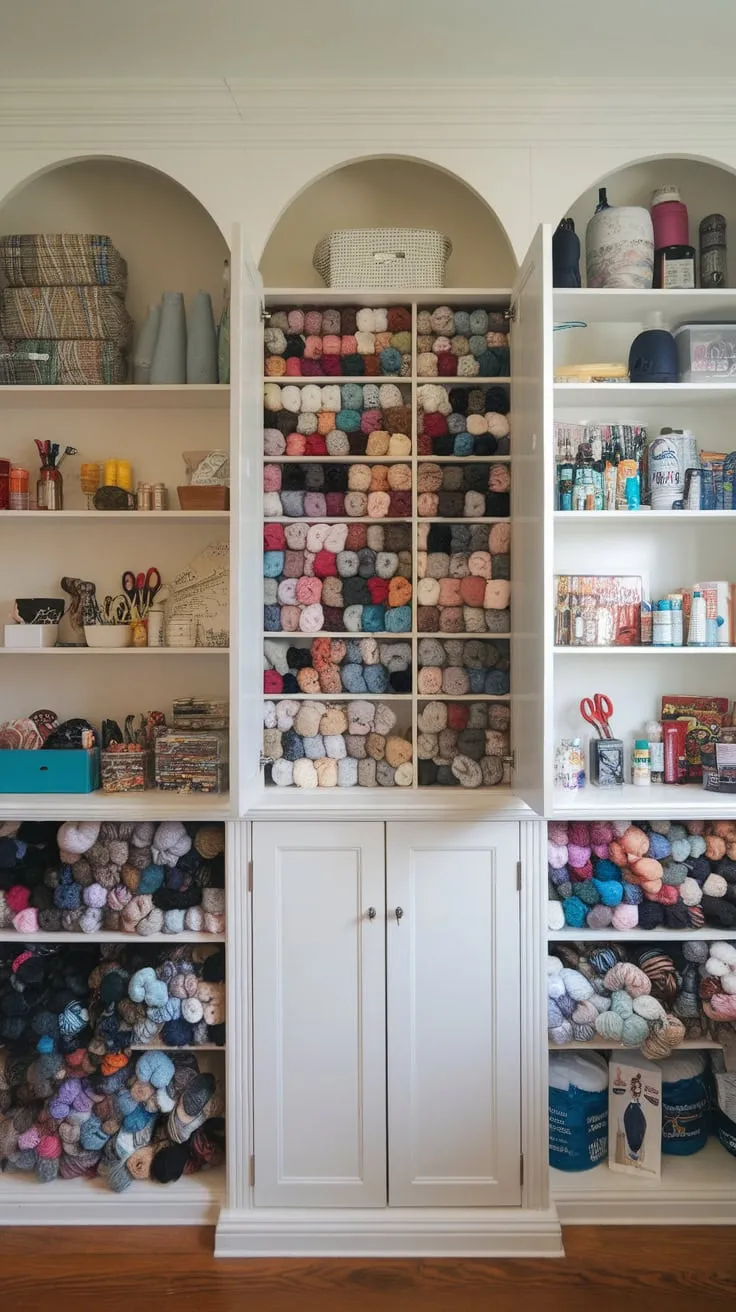 Organized built-in shelving and a yarn cabinet maximize craft room storage, showcasing vibrant yarn and essential supplies.