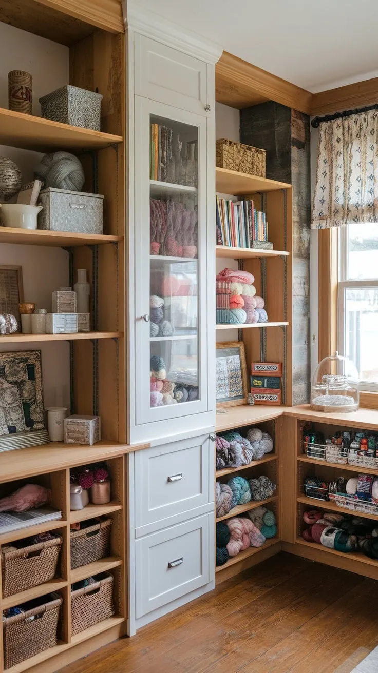 Rustic wood shelves and a sleek white IKEA yarn cabinet create a charming and organized craft room overflowing with supplies.
