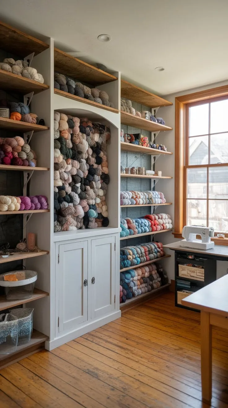 A sunlit craft room boasts industrial-style wooden shelving, a white yarn cabinet, and ample space for sewing and drawing.