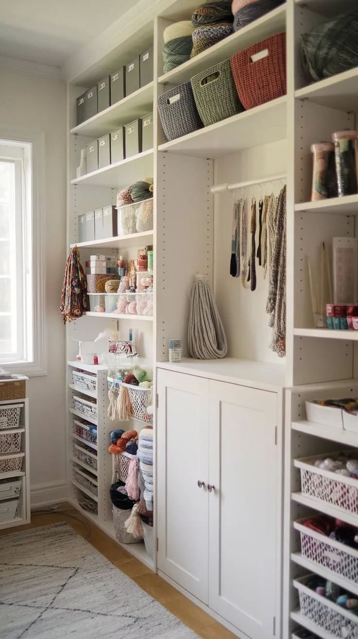 A white-walled craft haven boasts cleverly customized IKEA shelving and a dedicated yarn cabinet, perfectly storing all crafting essentials.