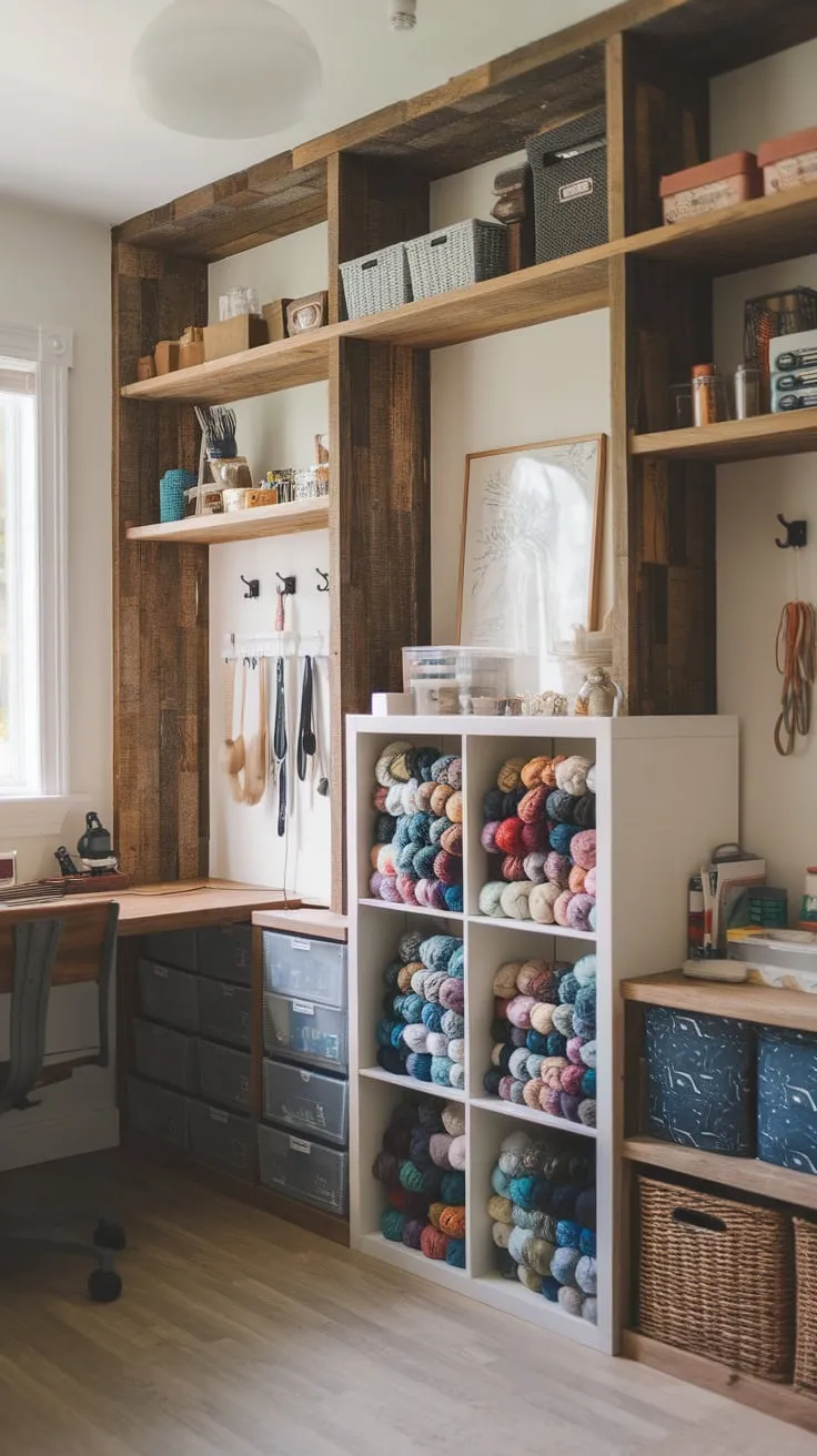 Rustic wood shelves and a white IKEA Kallax yarn cabinet maximize storage in a bright craft room