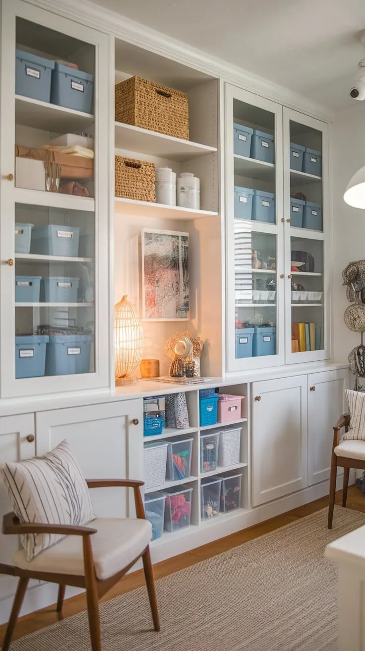 White IKEA Kallax shelves, glass doors, and clever storage solutions transform a craft room into an organized and inviting creative haven.