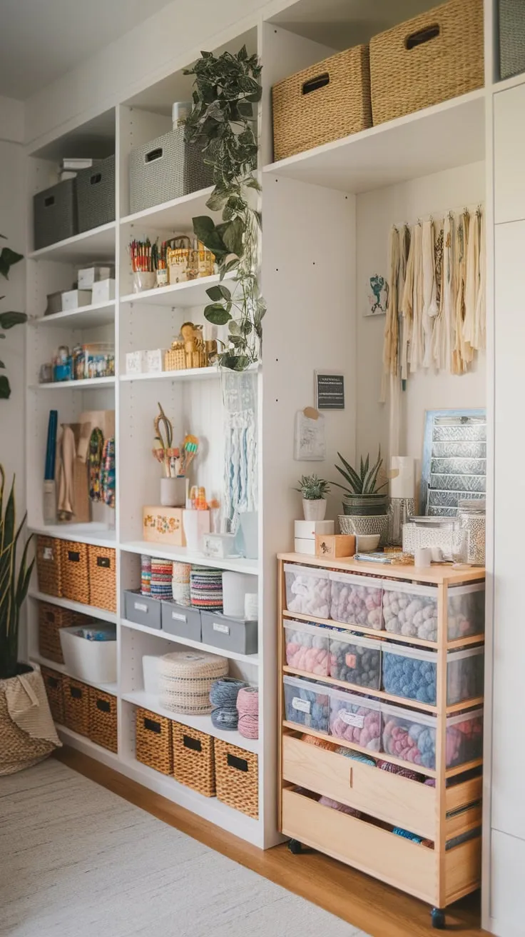 A bright craft room boasts built-in shelves and an IKEA yarn cabinet, perfectly organizing yarn, hooks, beads, and more in a stylish white and wood setting