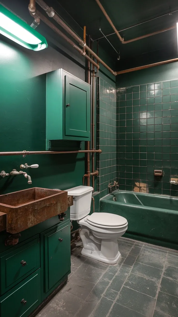 The dark green powder bath showcases emerald walls and green cabinets, creating a striking industrial vibe with a unique green light fixture.