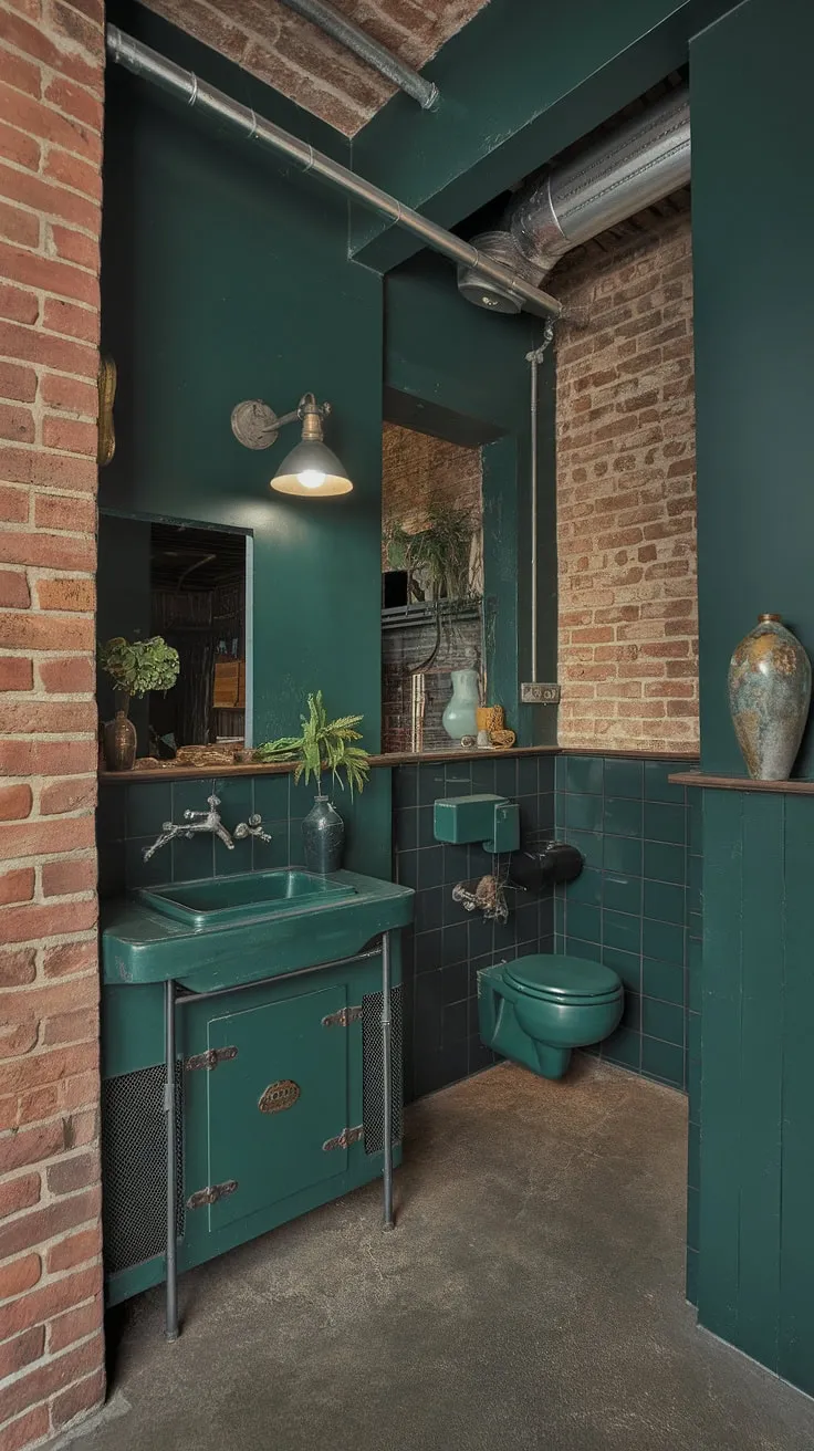 This striking dark green bathroom features emerald walls, a bold green powder bath, and green cabinets, all set against a vintage industrial backdrop of exposed brick and metal fixtures.