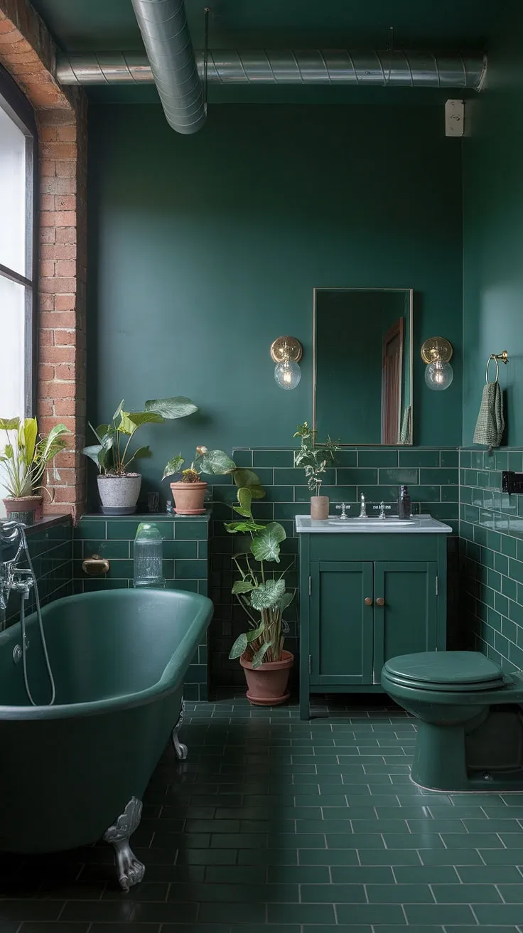 This bold green bathroom features stunning emerald walls, dark green tiles, and vintage industrial elements, creating a striking dark green powder bath with green cabinets and potted plants.
