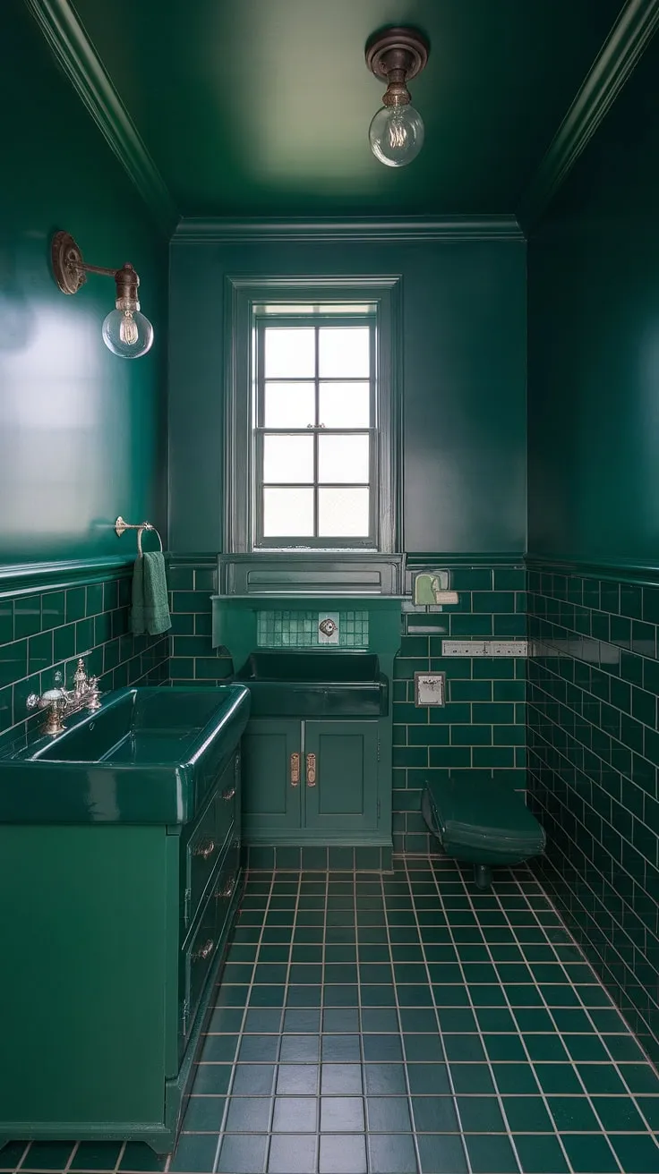 The bathroom remodel showcases dark green walls, a dark green powder bath, and green industrial accents, highlighted by a vintage light fixture and a stylish dark green cabinet.