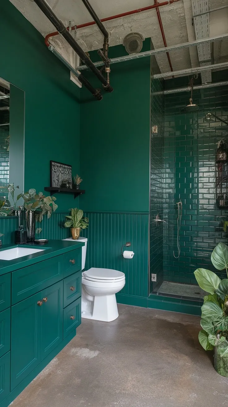 The dark green wall bathroom showcases a bold green palette with emerald walls, dark green cabinets, and an industrial vibe, creating a stunning space for a bathroom remodel.