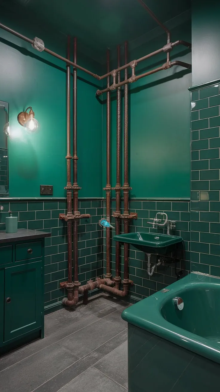 This striking dark green bathroom features emerald walls, bold green accents, and industrial pipework, complemented by dark green cabinets and a stylish powder bath.