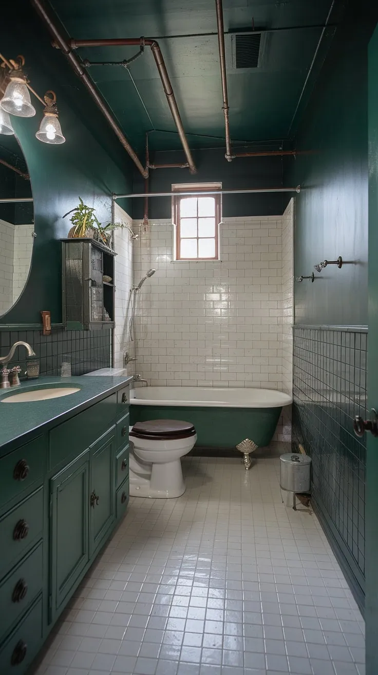 The dark green powder bath showcases emerald walls and green cabinets, harmonizing with its industrial charm and vintage decor.