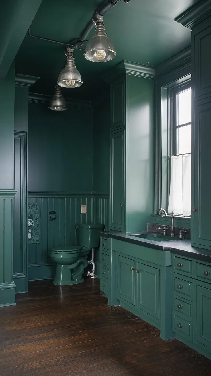 This striking dark green bathroom features emerald walls, bold green cabinets, and a chic green powder bath, all enhanced by industrial light fixtures and dark wood flooring.