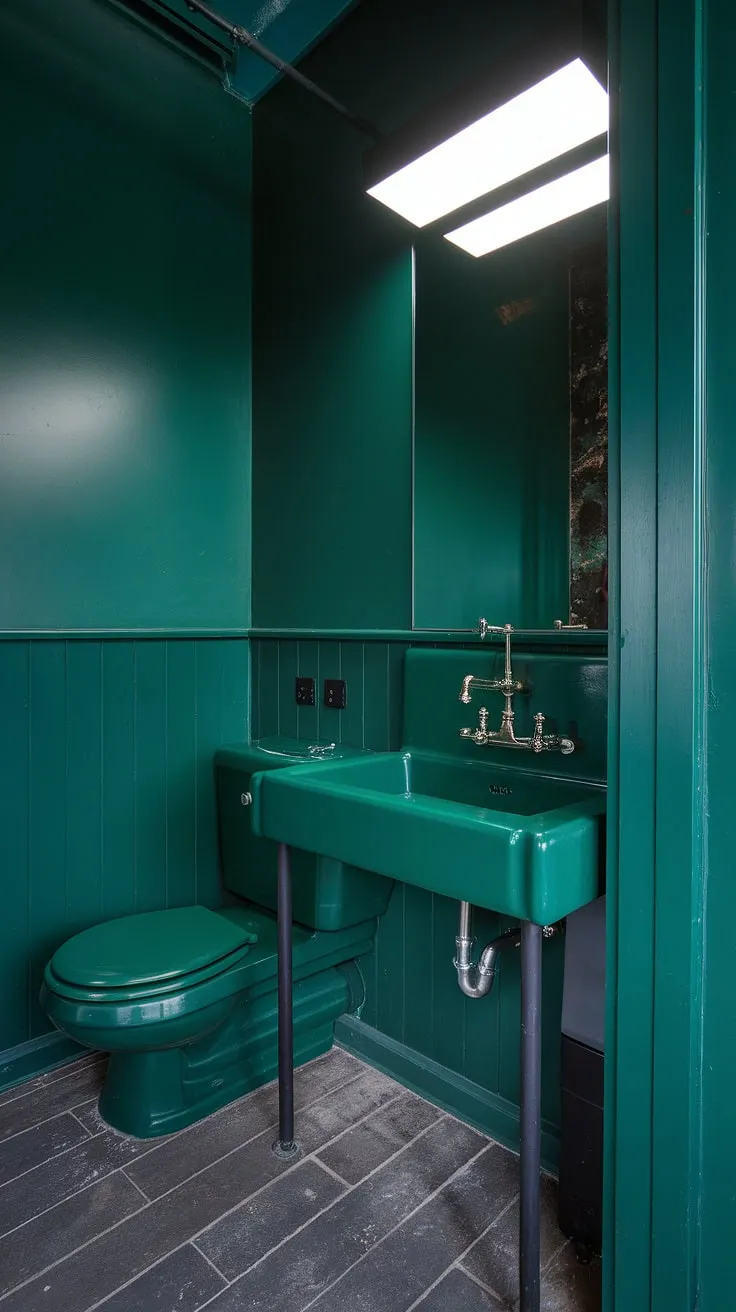 This striking dark green bathroom features emerald walls, a bold green sink, and a green industrial vibe, complemented by a dark green powder bath and grey tiled flooring.