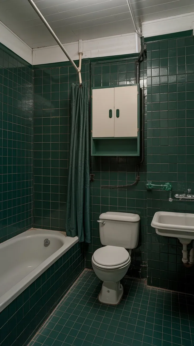 This bold green bathroom features dark green walls and tiles, complemented by white fixtures and an industrial design, making it a striking dark green powder bath.