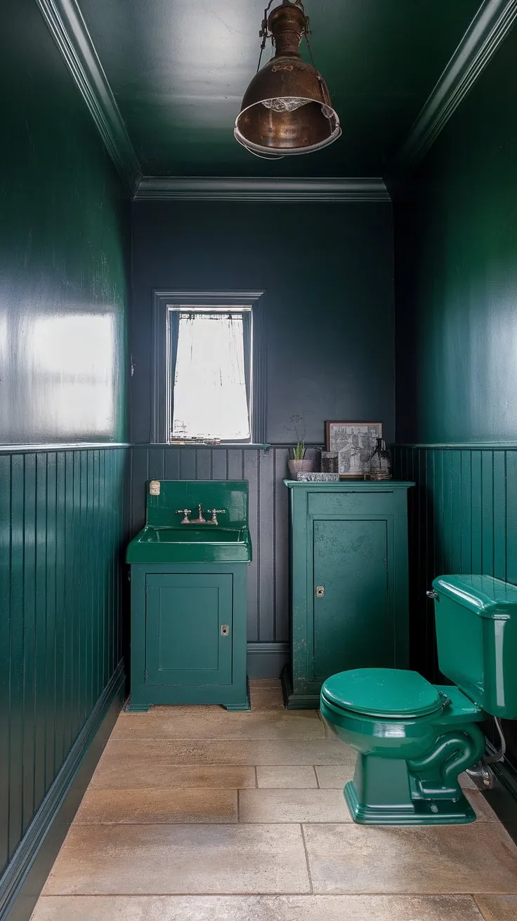 This bold green bathroom features dark green walls, a green sink, and cabinets, complemented by light-colored tiles and an industrial-style light fixture.