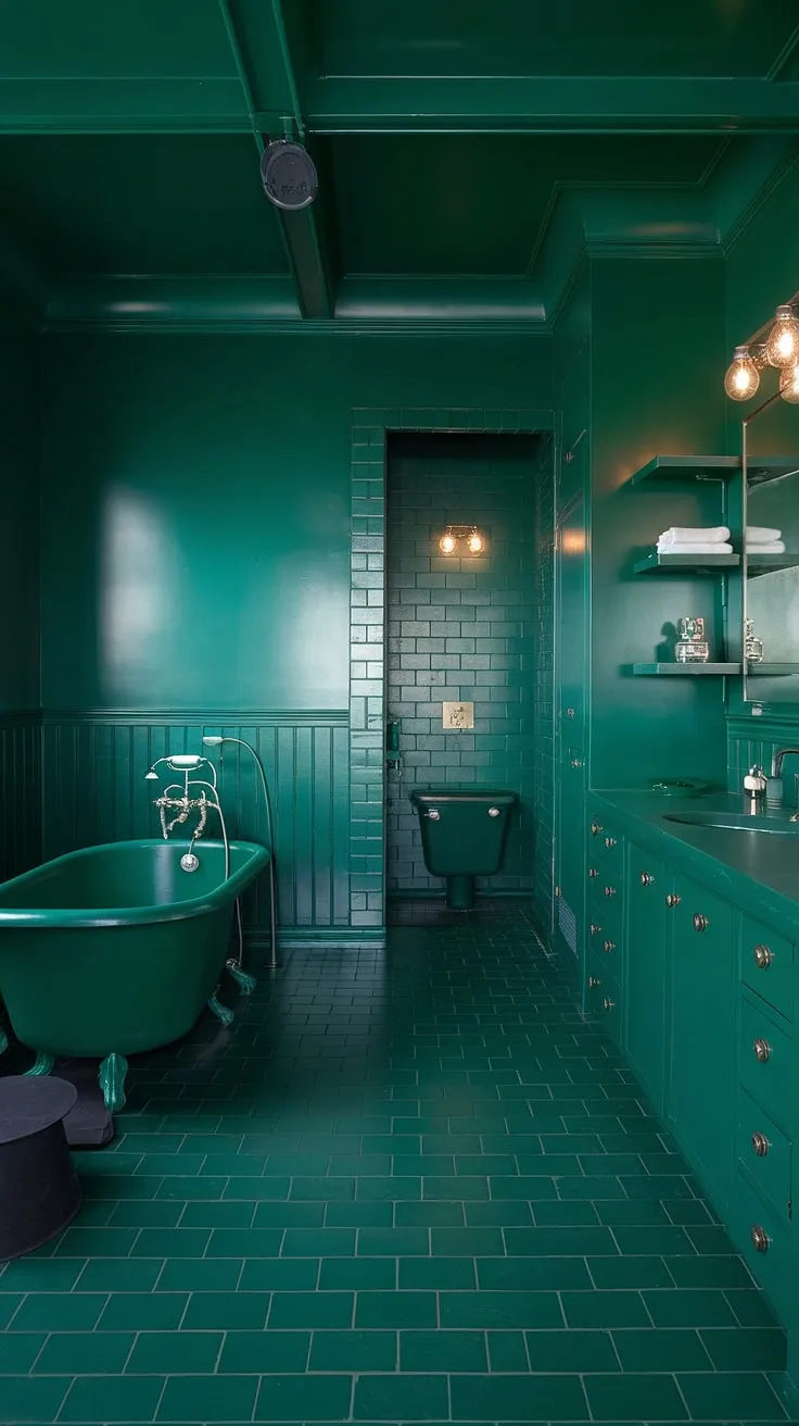 The dark green wall bathroom, with its emerald accents and industrial flair, boasts a free-standing tub, dark green powder bath, and chic green cabinets for a stunning remodel.