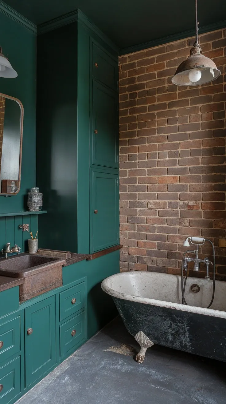 The dark green wall bathroom showcases a unique combination of emerald hues and industrial charm, highlighted by vintage fixtures and a cast iron bathtub.