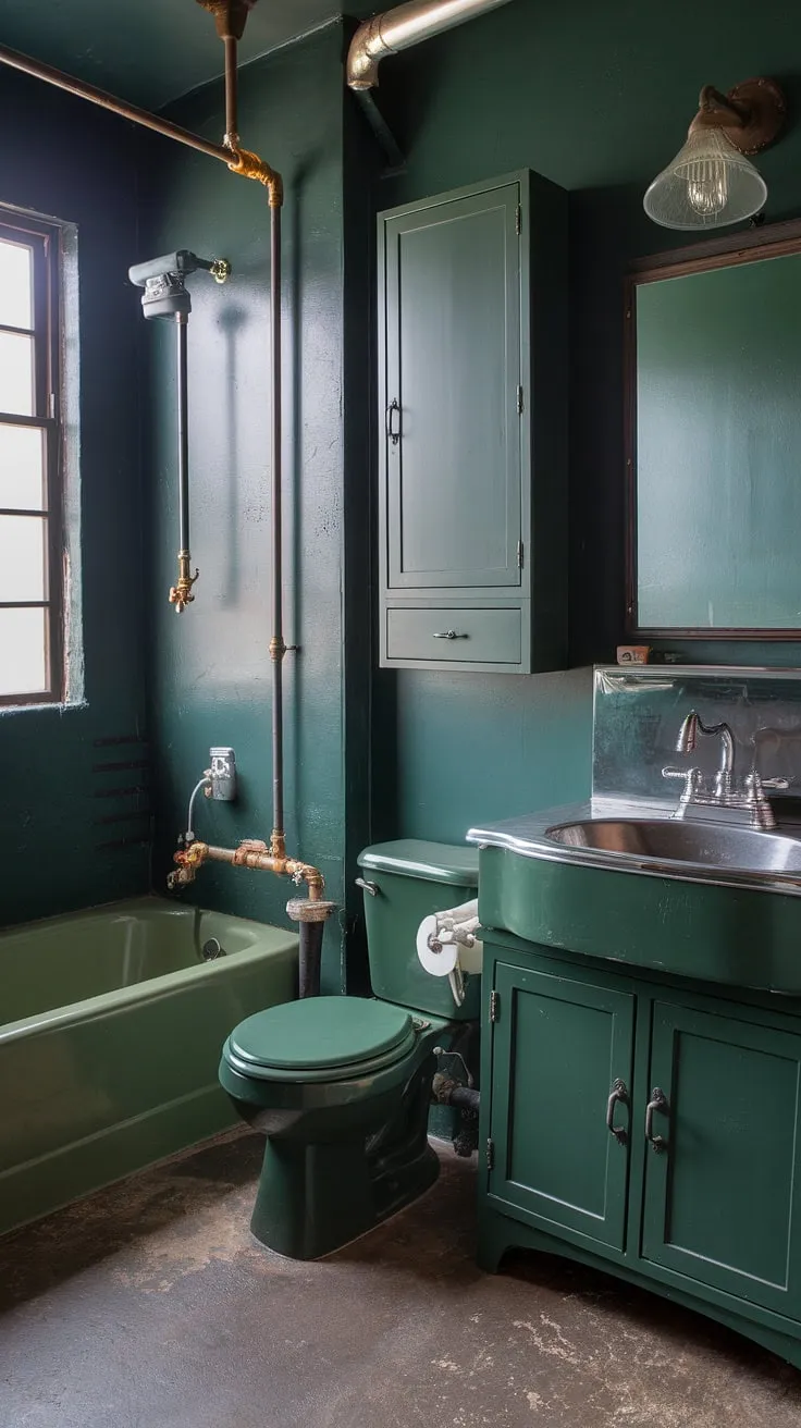 The dark green wall bathroom showcases a unique green industrial style with concrete flooring, complemented by green cabinets and a vintage metal sink.