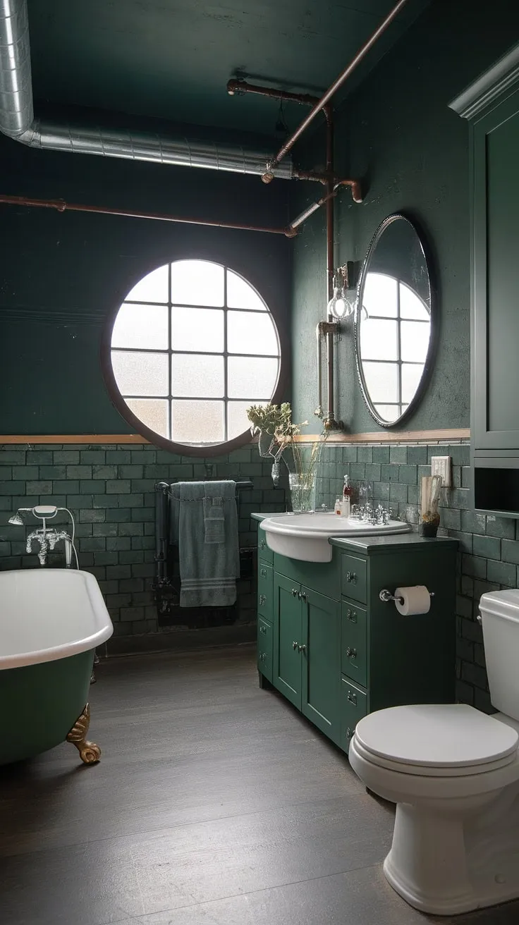This striking dark green bathroom features emerald walls and green cabinets, complemented by a vintage industrial design with exposed pipes and a freestanding bathtub.