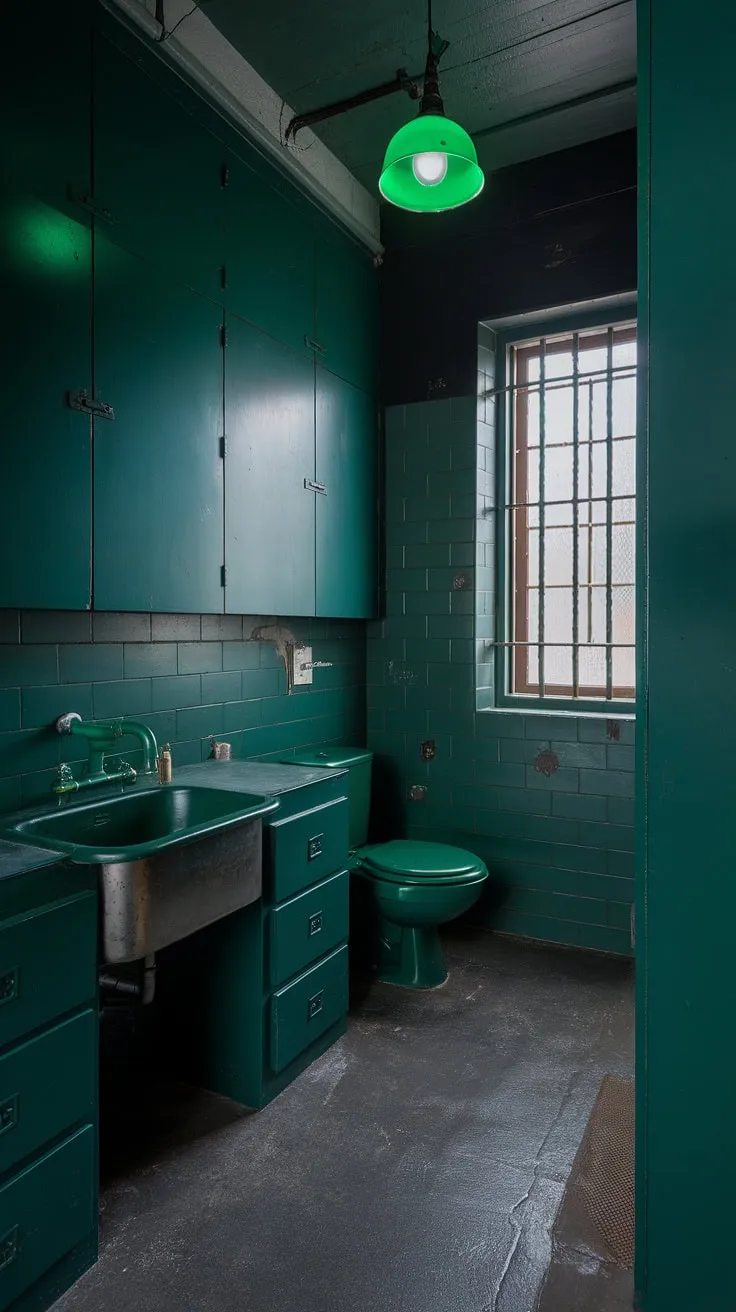 This bold green bathroom features dark green walls and cabinets, complemented by a metallic sink and green fixtures, creating an industrial vibe.