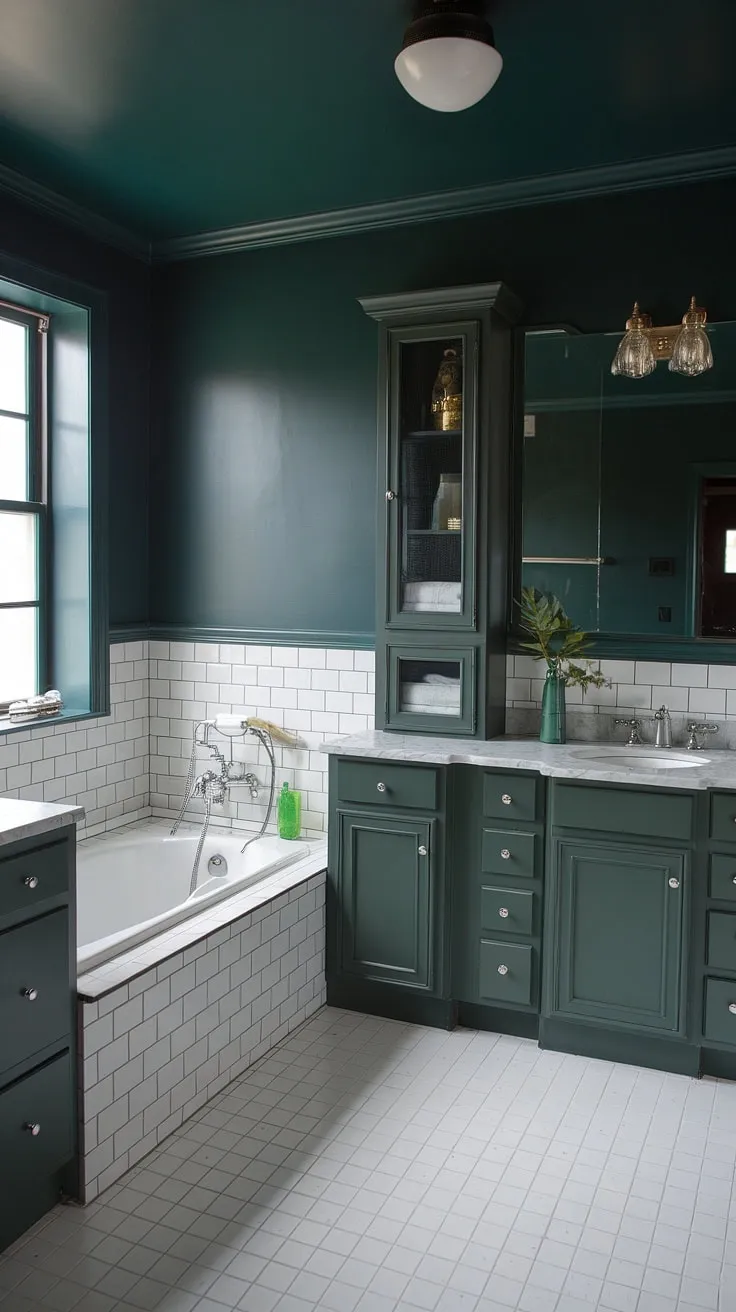 The dark green powder bath showcases a stunning blend of emerald walls and green cabinets, enhanced by white tiles and industrial elements for a chic remodel.