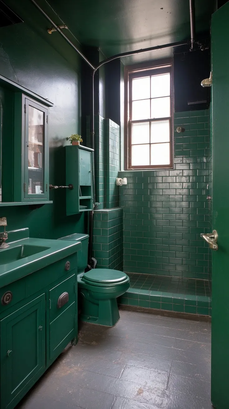 This striking dark green bathroom features emerald walls and green cabinets, exuding a bold industrial vibe with grey tiled flooring and a unique layout.