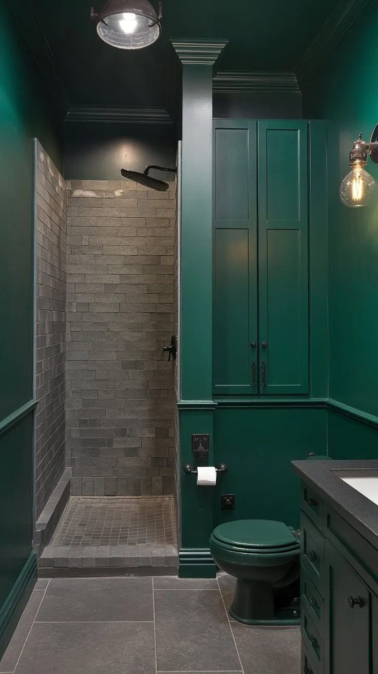This bold green bathroom features striking emerald walls, dark green cabinets, and an industrial-style lighting fixture, creating a stunning dark green powder bath.
