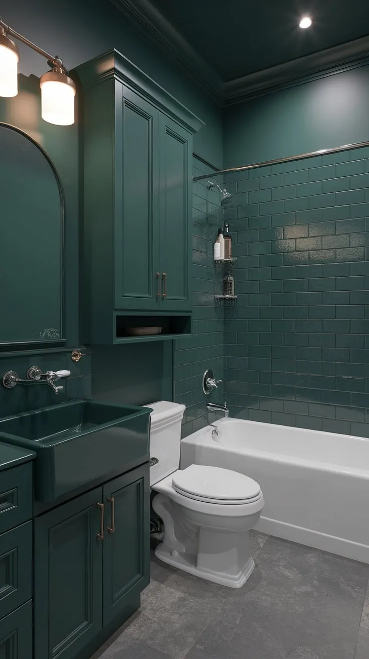 This striking dark green bathroom features emerald walls, a bold green powder bath, and green industrial cabinets, all complemented by gray tiles and white fixtures.