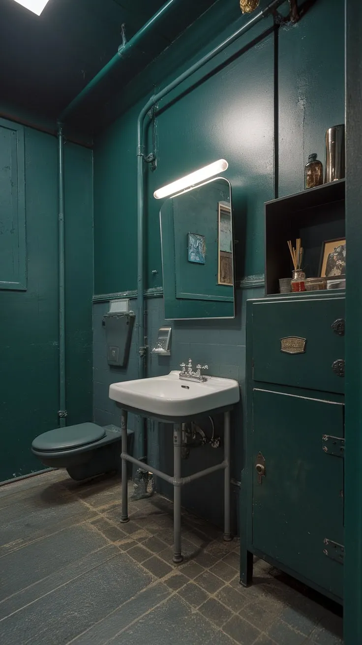 This striking dark green bathroom features emerald walls, bold green accents, and vintage industrial design, highlighted by grey fixtures and a stylish dark green cabinet.