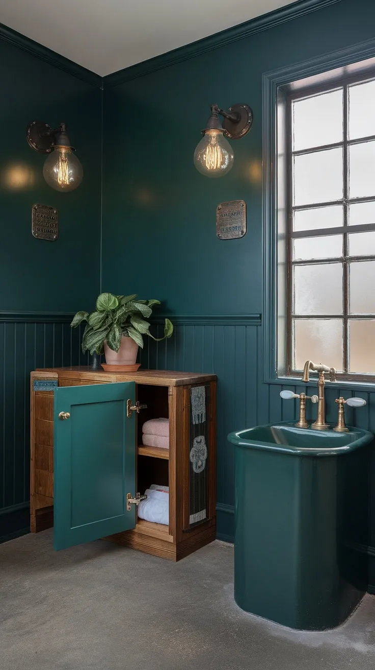 The dark green wall bathroom showcases a captivating blend of industrial light fixtures, a dark green powder bath, and stylish green cabinets, creating a unique and vibrant space.