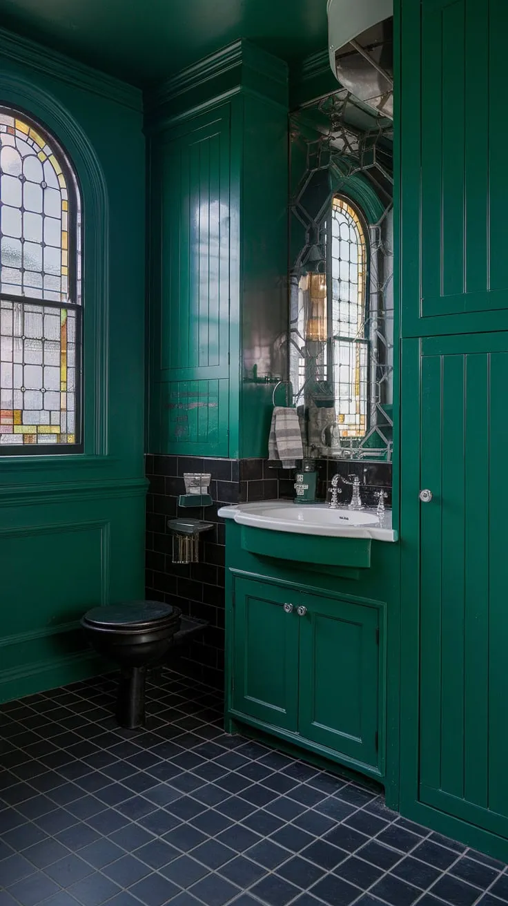 The remodeled dark green powder bath showcases emerald walls and green cabinets, creating a bold industrial aesthetic against a backdrop of black tiles.