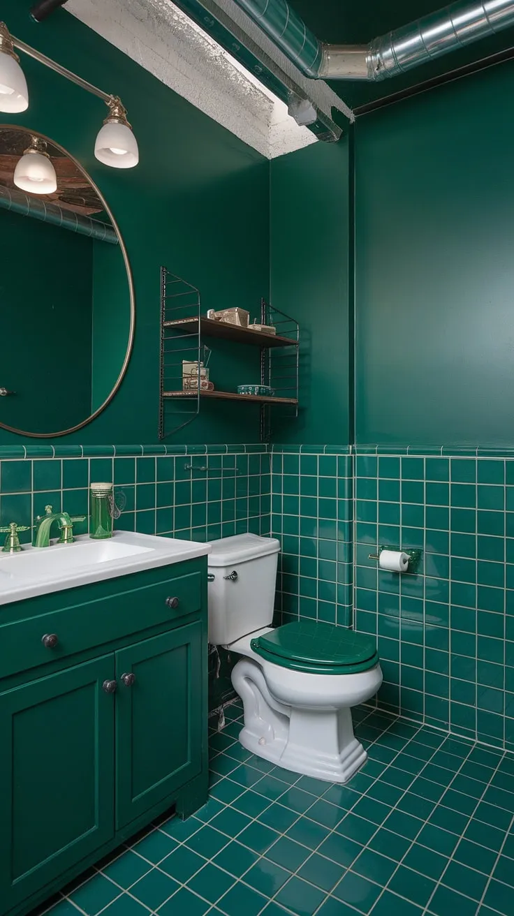 This striking dark green bathroom features emerald walls, bold green accents, and industrial elements, creating a stunning space with dark green cabinets and a unique powder bath.