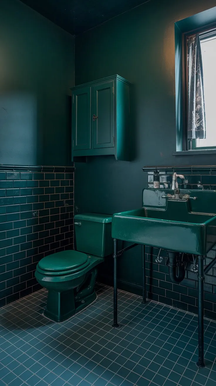 The dark green powder bath showcases striking emerald walls and a green cabinet, perfectly blending industrial elements with a bold design.