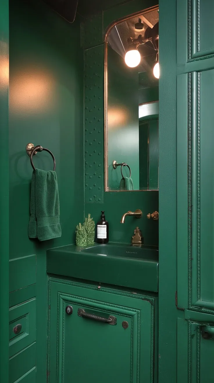 The dark green bathroom showcases emerald walls, a bold green powder bath, and green industrial features, all harmoniously tied together with stylish green cabinets.